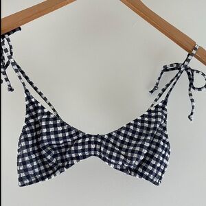J. Crew Navy and White Gingham Tie Shoulder French Bikini Top - Small